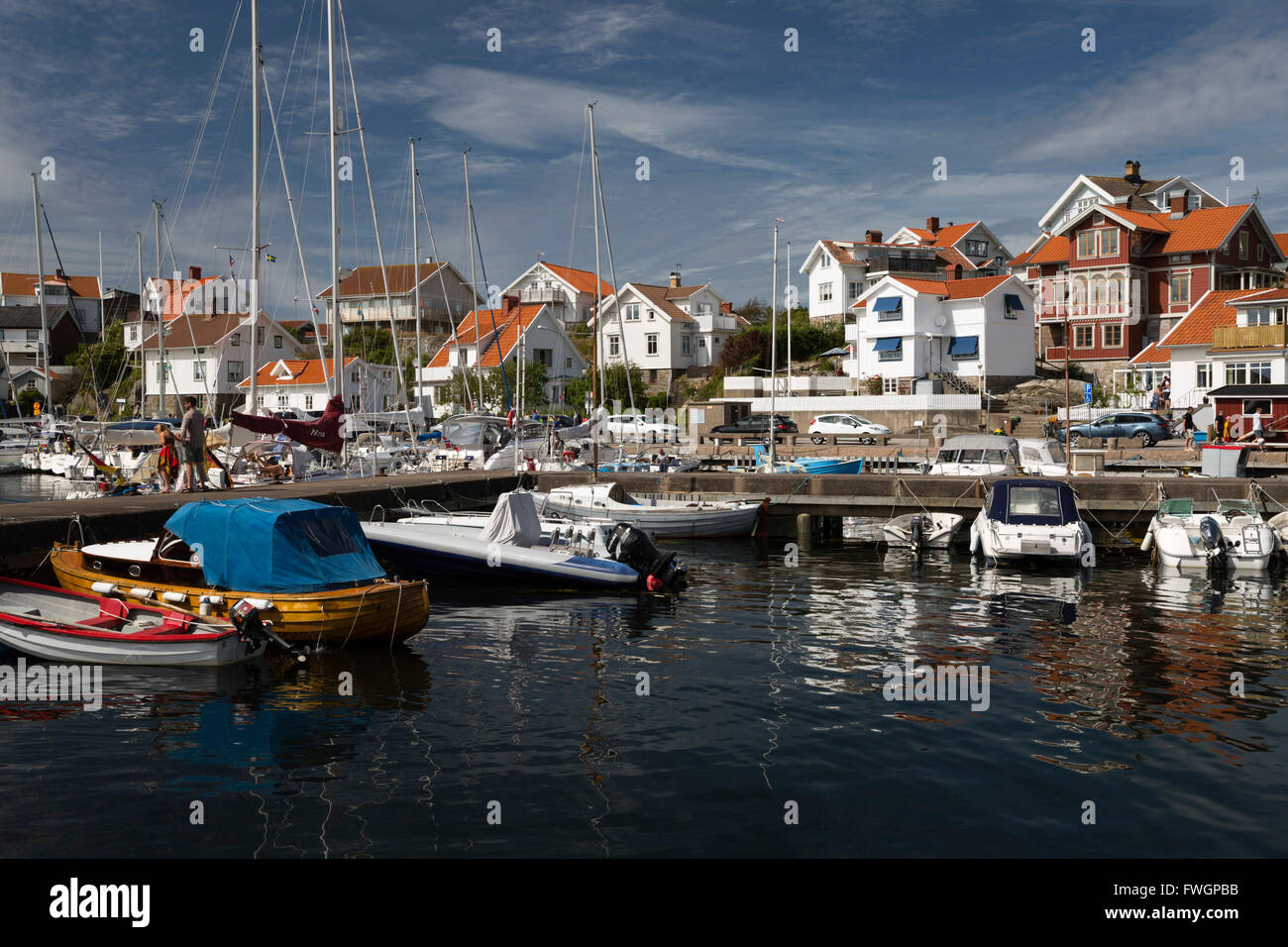 Blick über Hafen von alten Fischerdorf, Mollosund, Orust, Bohuslan Küste, Süd-West Schweden, Schweden, Skandinavien, Europa Stockfoto