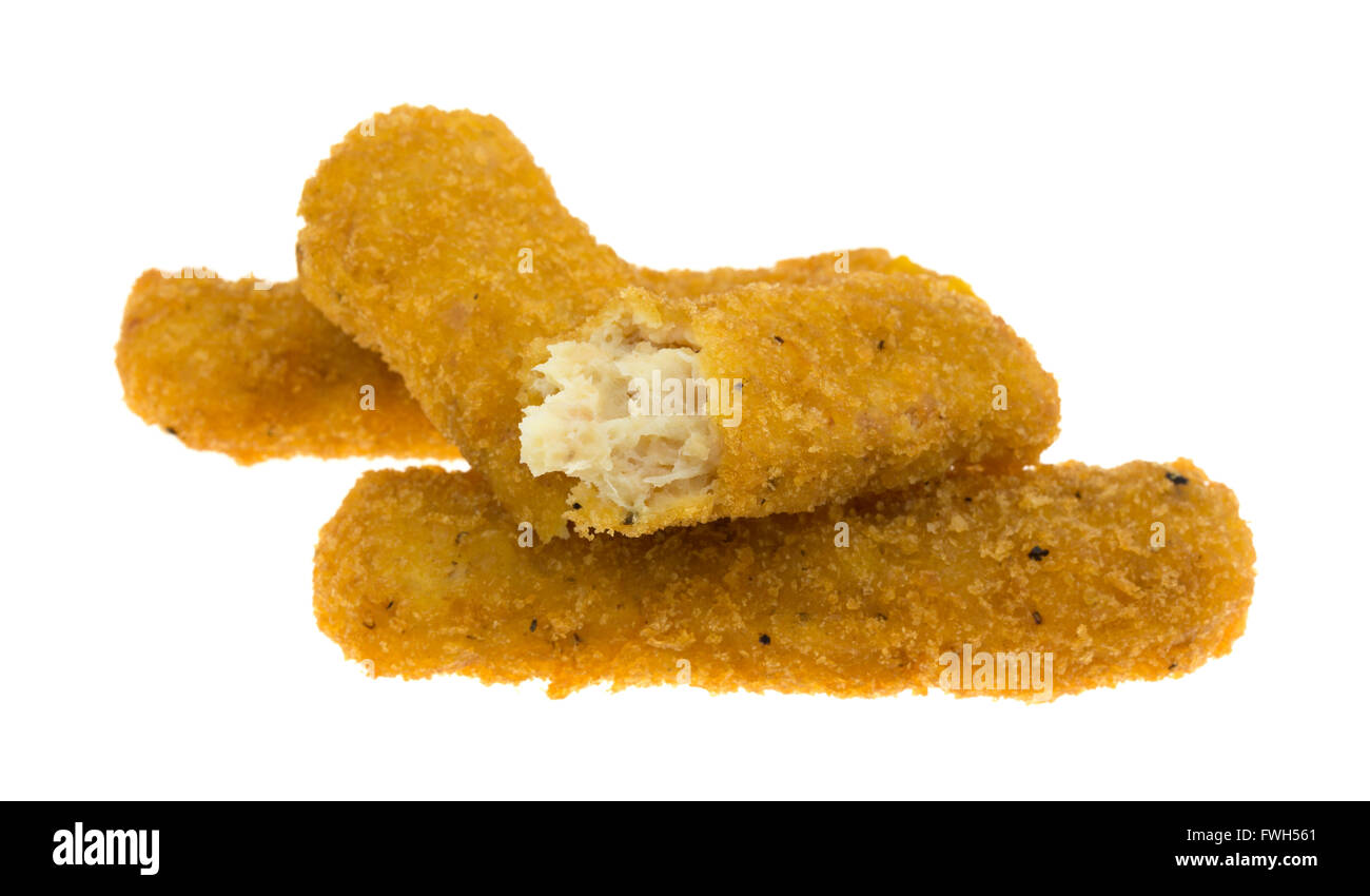 Drei Finger, Huhn mit einem Defekt in der Mitte auf einem weißen Hintergrund isoliert. Stockfoto