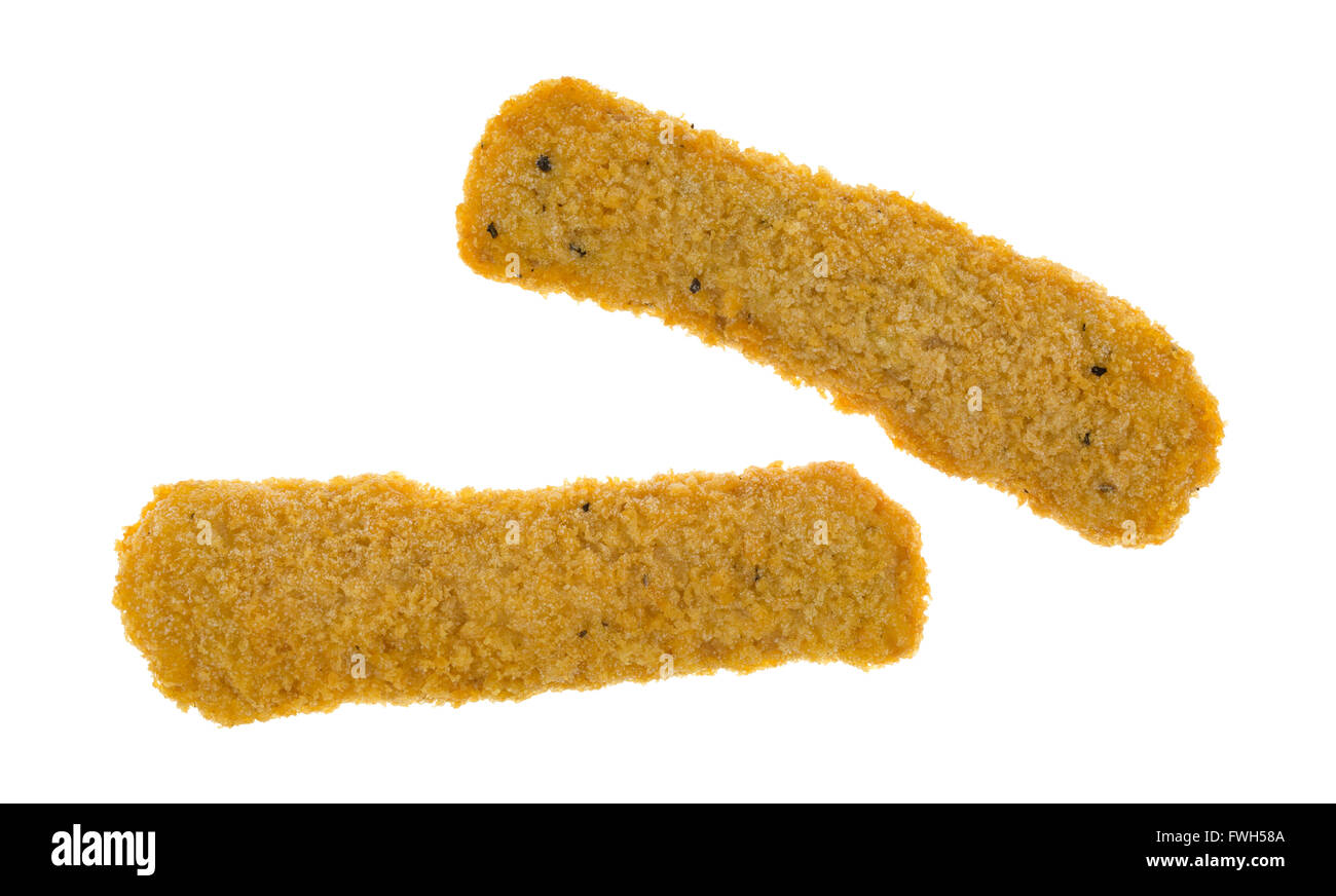 Zwei Chicken Finger, die gefroren sind isoliert auf einem weißen Hintergrund. Stockfoto