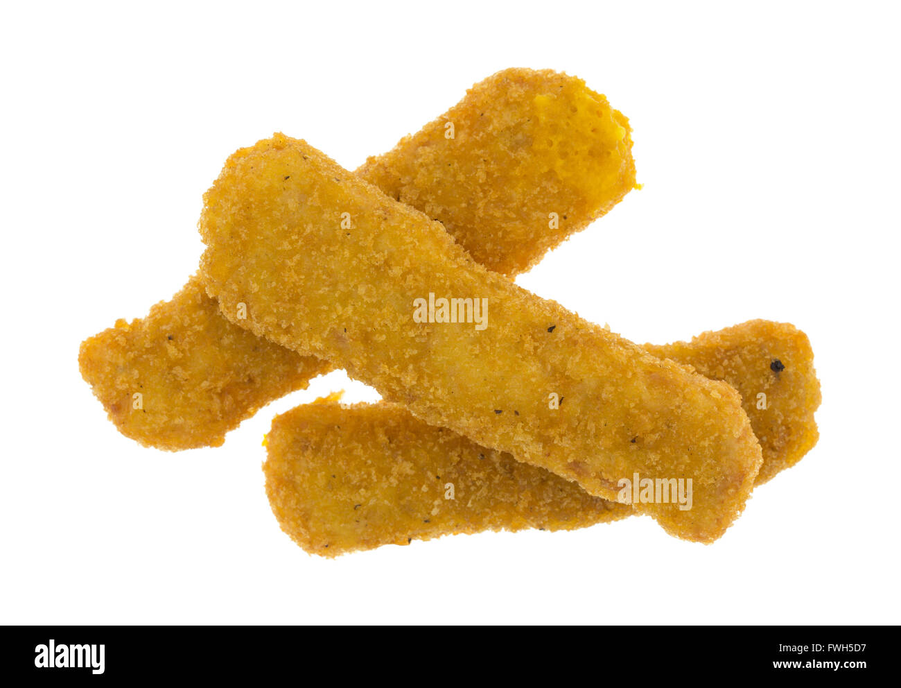 Draufsicht der drei Essen aus der Mikrowelle Huhn Finger isoliert auf einem weißen Hintergrund. Stockfoto