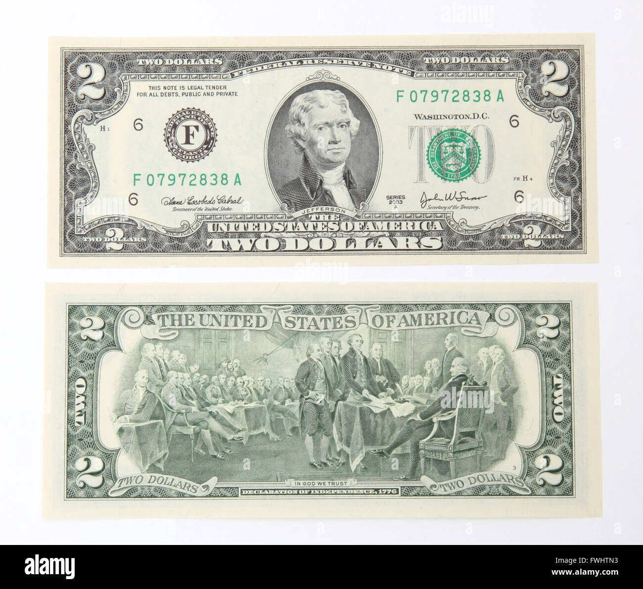Ein zwei Dollarnote Stockfoto