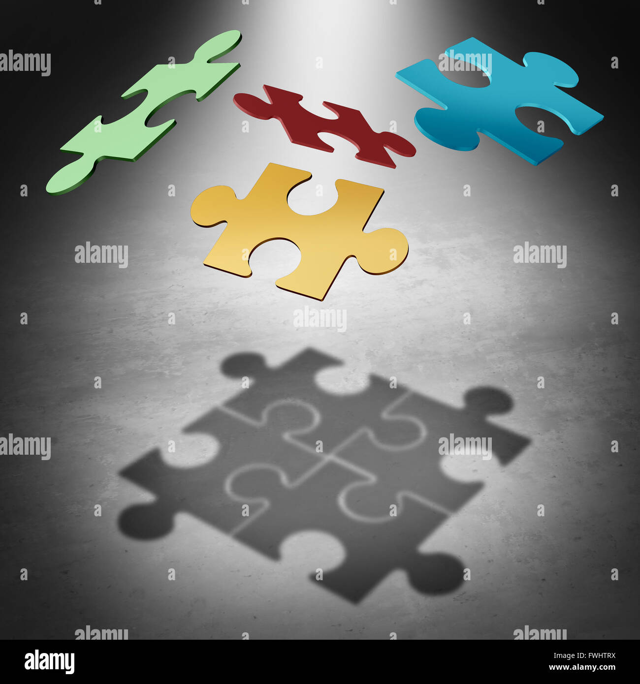 Setzen das Puzzle zusammen Teamwork Konzept als Geschäft Erfolg Symbol mit vier geteilte Stücke eines Puzzles fliegen in Stockfoto