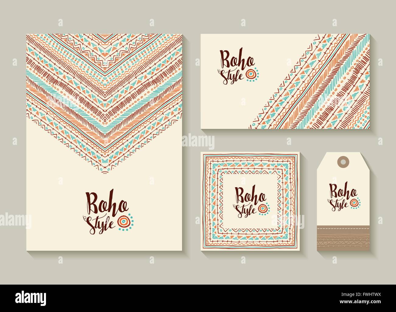 Boho Style Kollektion von Karte, Etikett und Tag Vorlagen mit niedlichen handgefertigte afrikanische und asiatische Kunst Designs. EPS10 Vektor. Stock Vektor