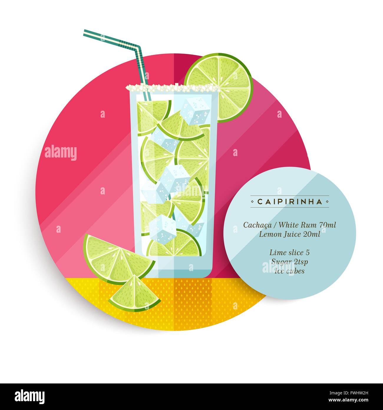 Caipirinha cocktail Drink Rezept Abbildung in bunten flach Kunst-Design-Stil mit Sommer Obst Dekoration und Zutaten Stock Vektor