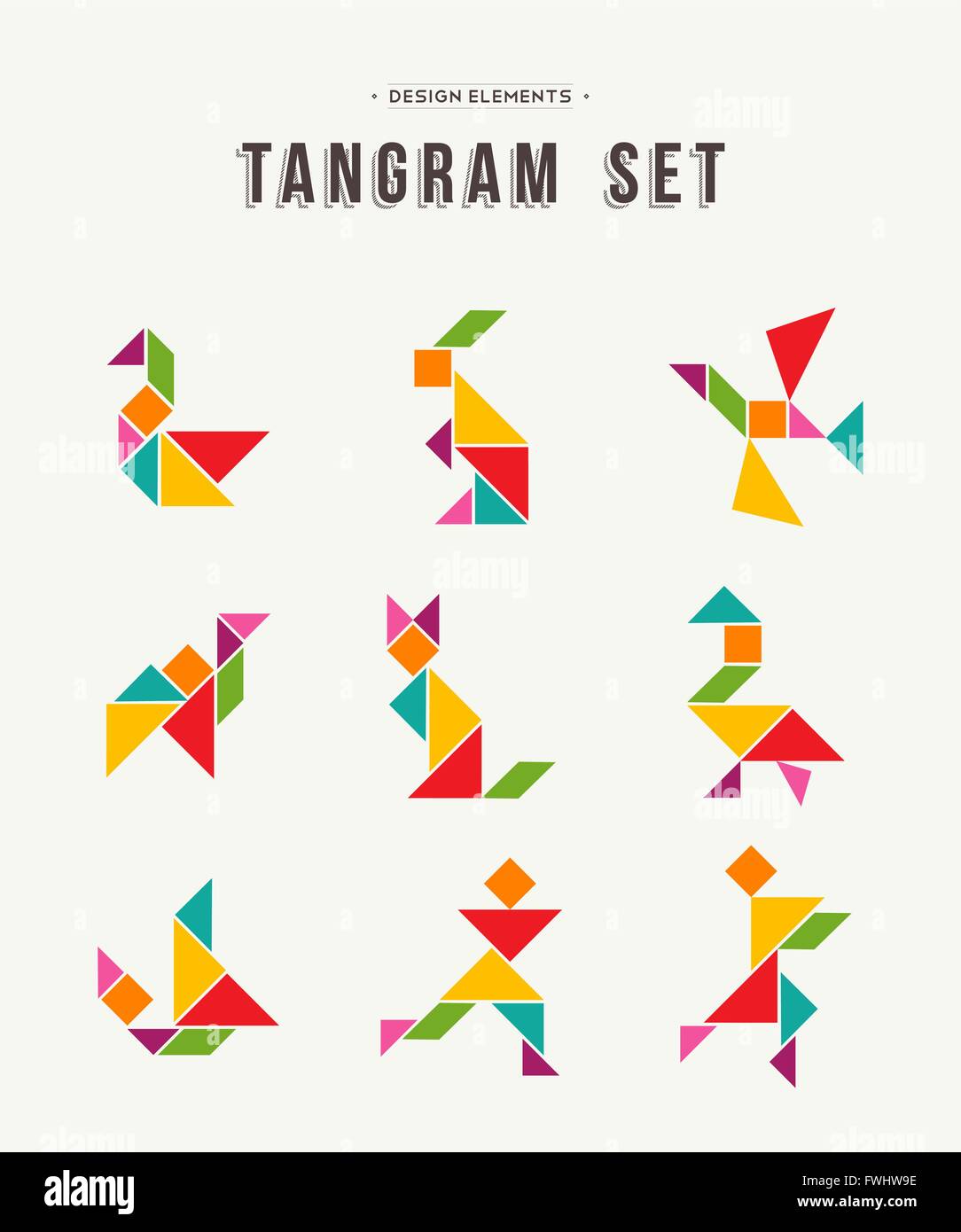 Bunte Reihe von Tangram Spiel Icons gemacht mit Geometrie Formen in abstrakten Stil beinhaltet Tiere und Menschen. EPS10 Vektor. Stock Vektor