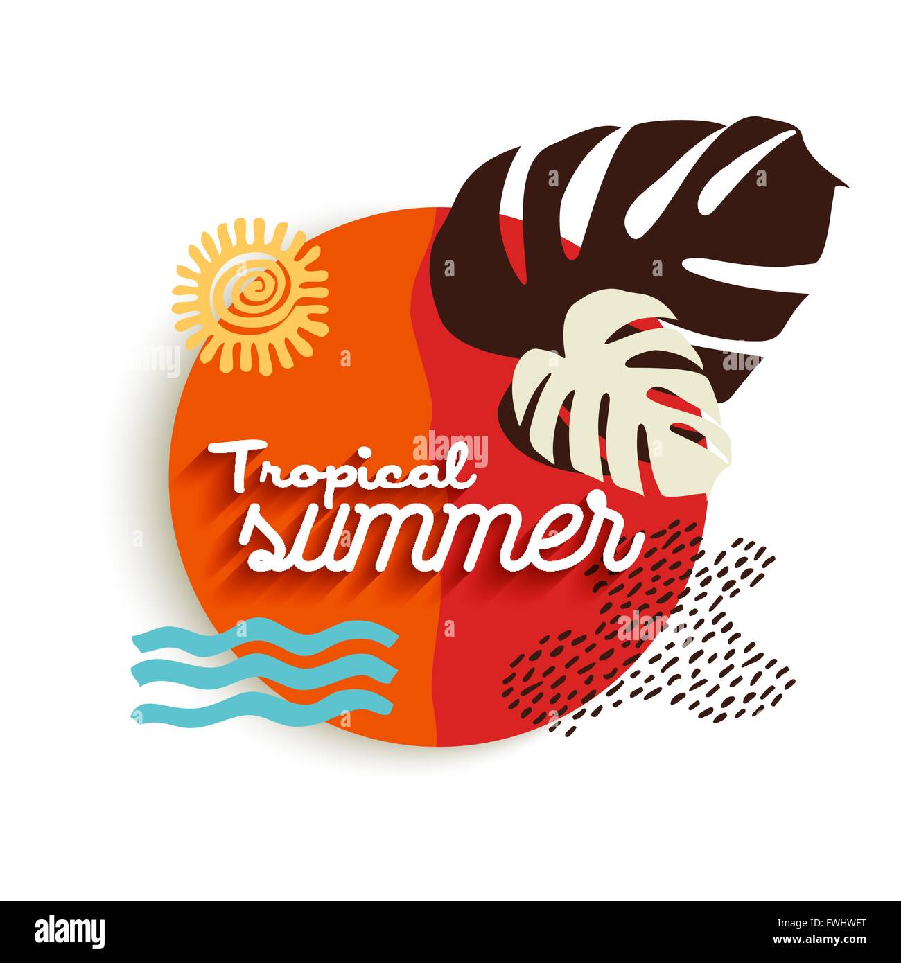 Tropischer Sommer Text-Design-Darstellung, Sommer-Urlaub am Strand mit Pflanze Blatt Silhouetten und modischen Elementen. EPS1 Stock Vektor