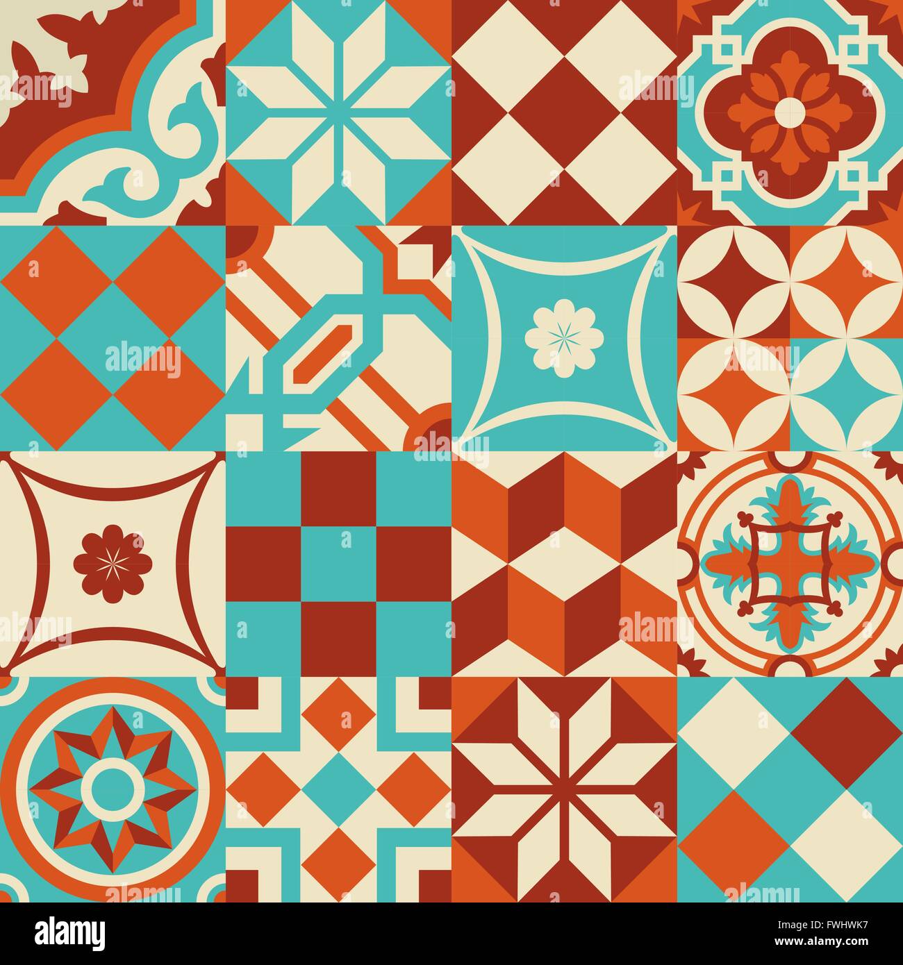 Traditionelle Keramik Mosaik Fliesen Musterdesign Abbildung gemischt mit modernen, lebendigen Farben und Formen im Patchwork-Stil. Stock Vektor