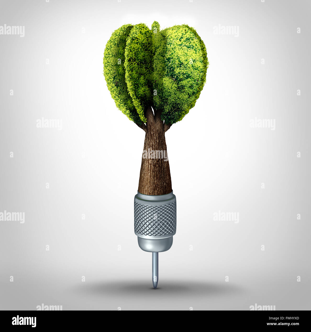 Umweltziel und Green marketing-Erfolg als eine 3D Darstellung dart mit ein Baum wächst als Zielpfeil als eine geschäftliche Investition Symbol oder Ökologie Schutzzielen geformten. Stockfoto