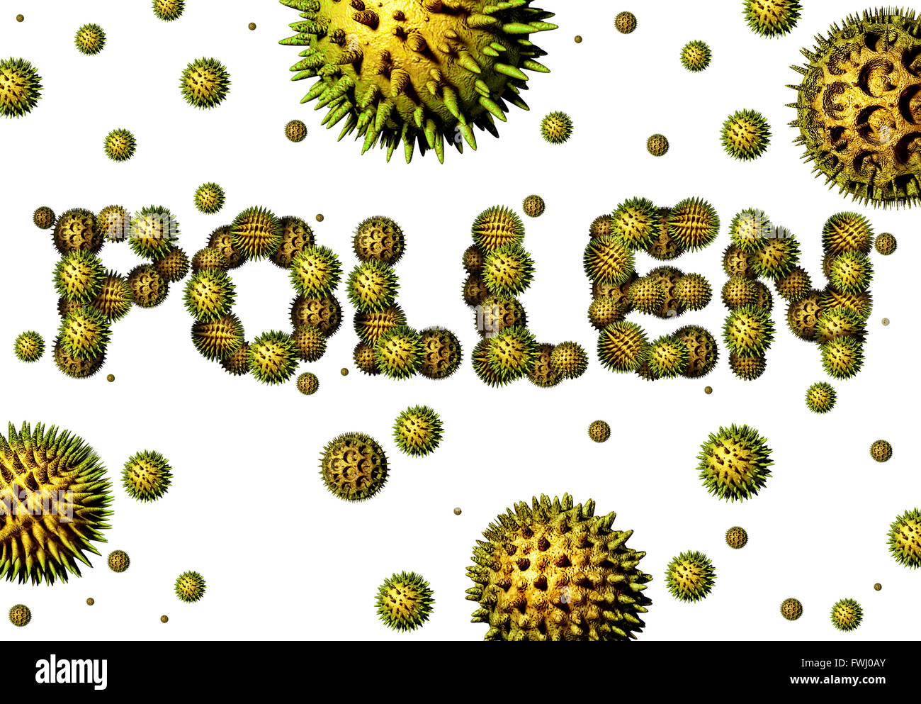 Pollenkörner Konzept als eine Gruppe von mikroskopischen Bio Bestäubung Partikel geformt als Text als blühende Pflanzen fliegen in der Luft als Gesundheitswesen 3D-Illustration Symbol der saisonalen Allergien und Heuschnupfen Allergie leidet. Stockfoto
