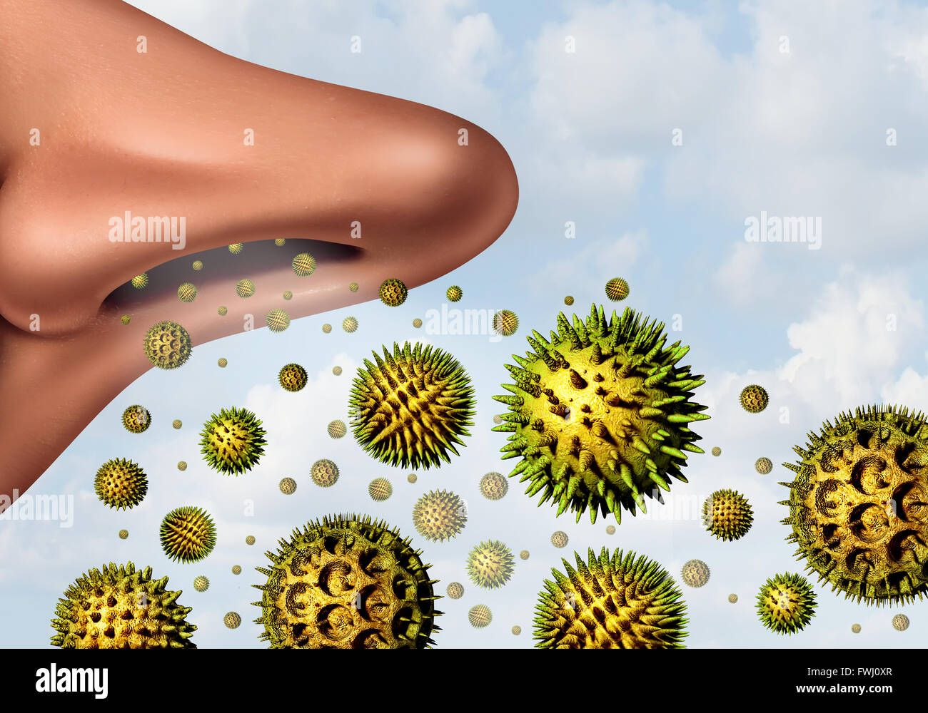 Allergie-Konzept und Heuschnupfen Pollenallergie als medizinische Symbol als 3D-Illustration mikroskopische Bio Bestäubung Partikel Stockfoto