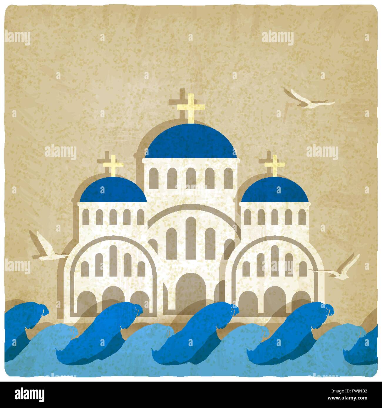 Griechische Kirche griechische Kirche in der Nähe von Blau des Meeres. Vektor-Illustration - Eps 10 Stock Vektor
