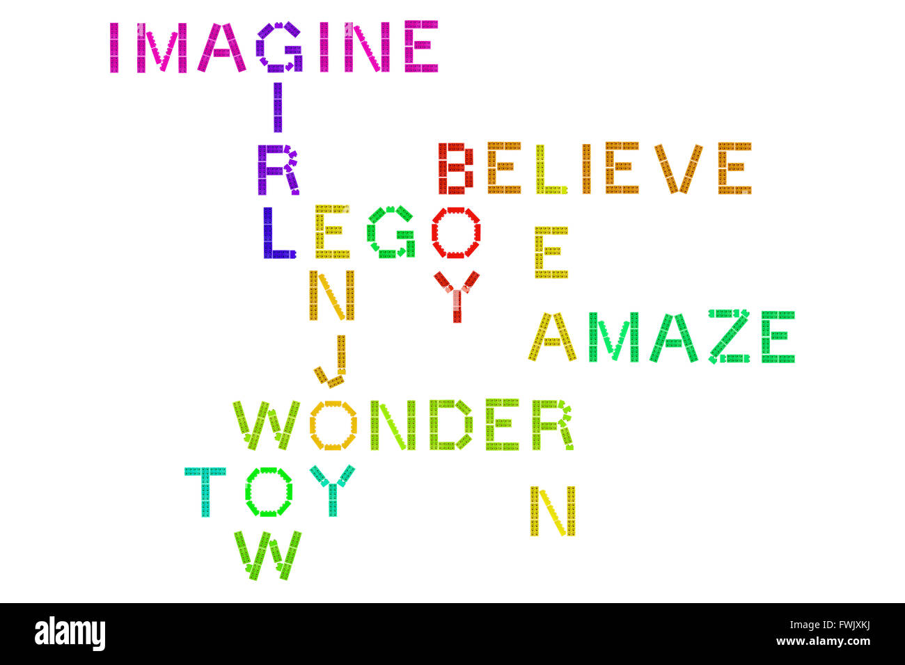 Die Worte von Stücke von Lego fotografiert vor einem schwarzen Hintergrund erstellt. Stockfoto
