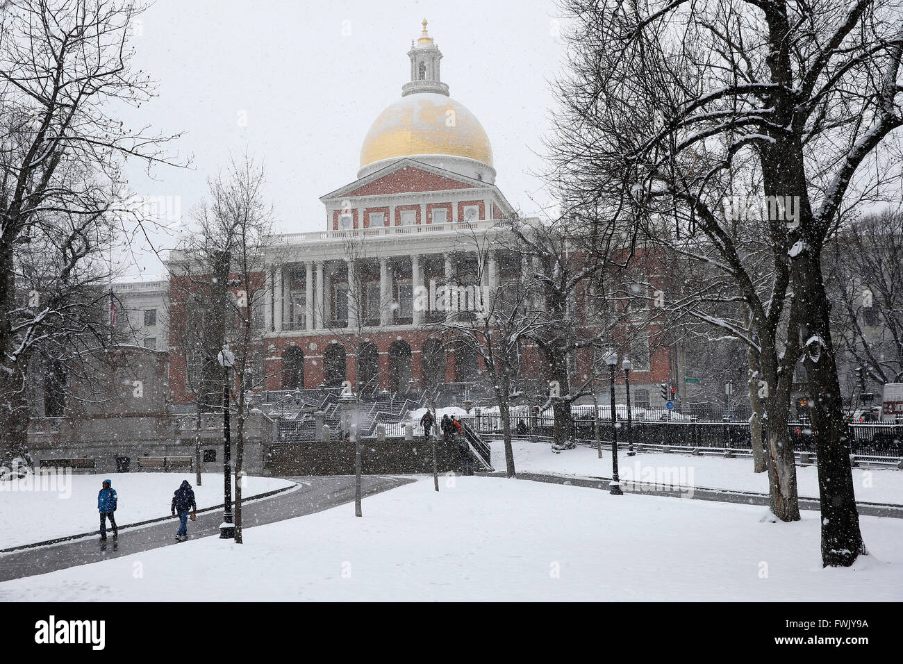 Schneefall, Boston Common, Massachusetts State House Stockfoto
