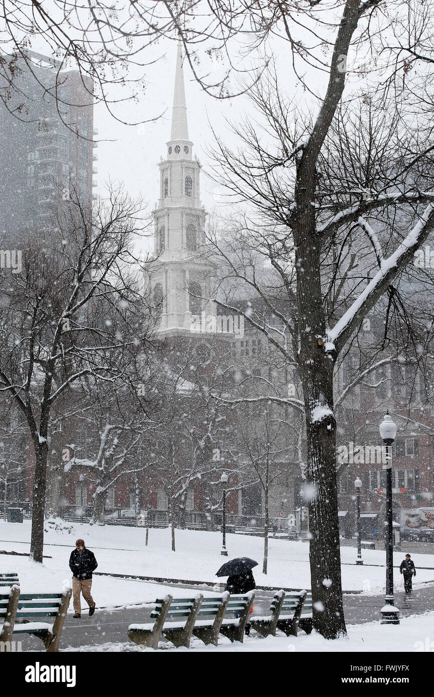 Schneefall, Boston Common Stockfoto