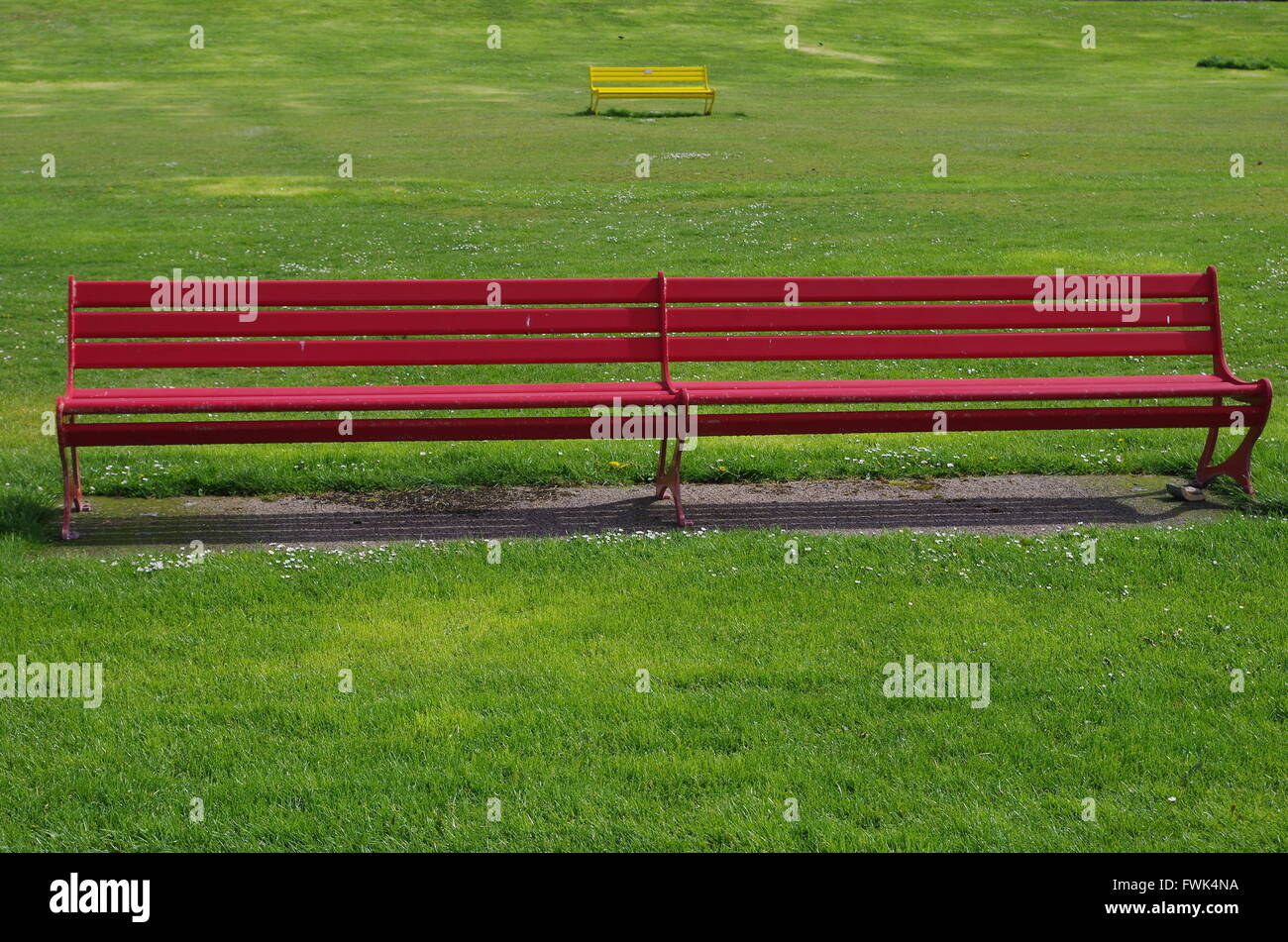 Bunte leere Bänke auf dem grünen Rasen in Largs, Schottland Stockfoto