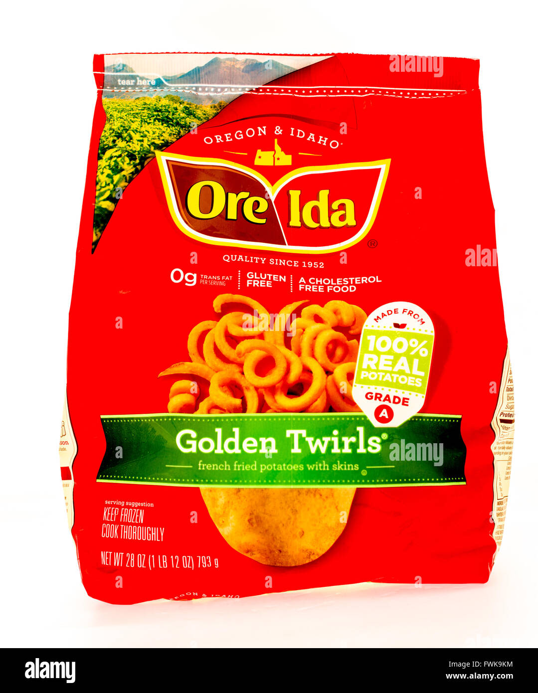 Winneconne, Wisconsin - 29. August 2015: Tasche von Ore Ida goldenen wirbelt, hergestellt aus 100 % Kartoffeln. Stockfoto