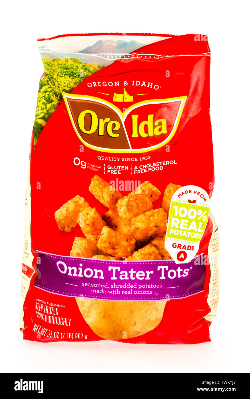 Winneconne, Wisconsin - 29. August 2015: Tasche von Ore Ida Zwiebel Tater Tots, hergestellt aus 100 % Kartoffeln. Stockfoto
