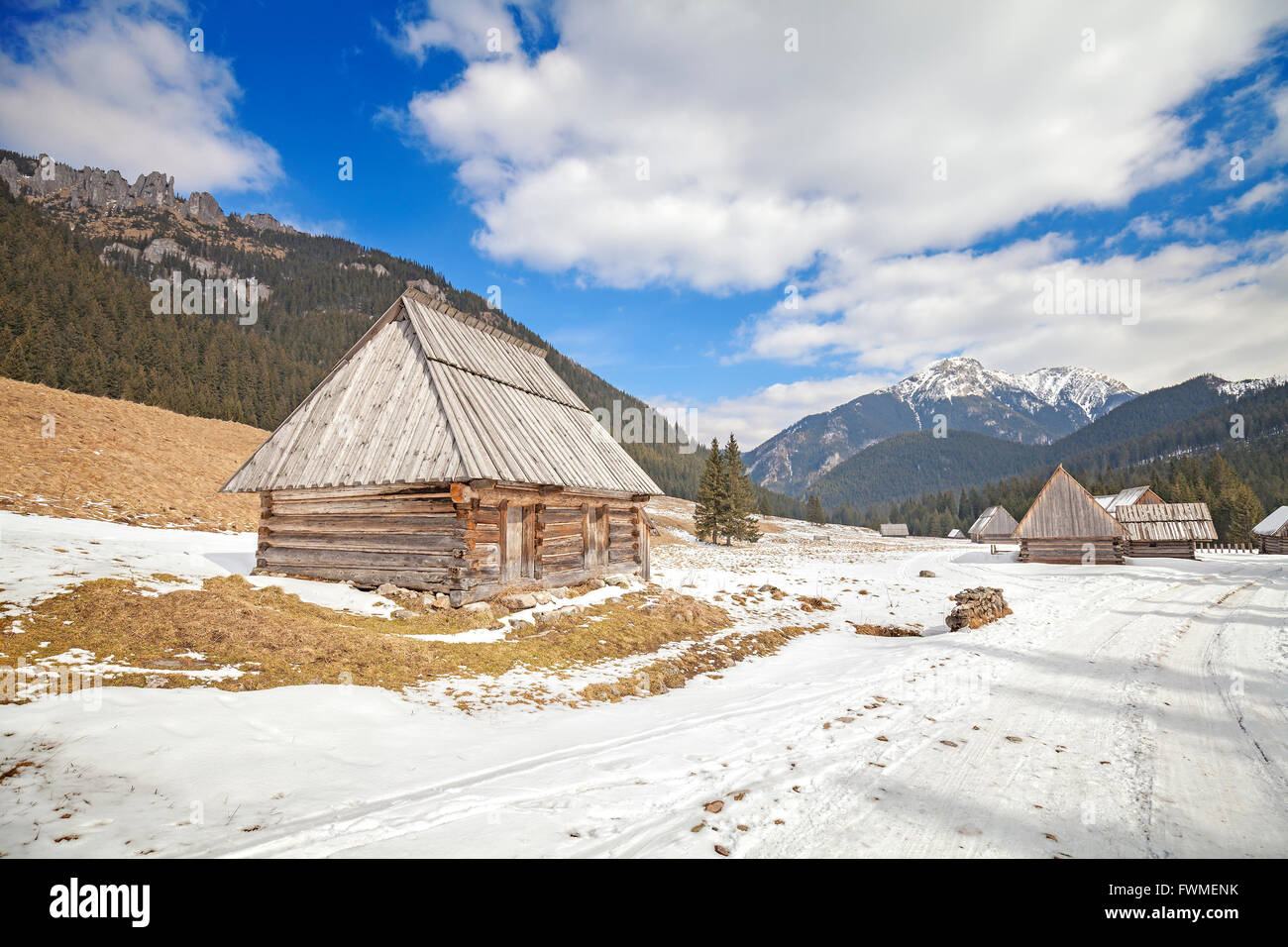Holzhütten durch eine Straße Chocholowska Tal in der hohen Tatra, Polen. Stockfoto