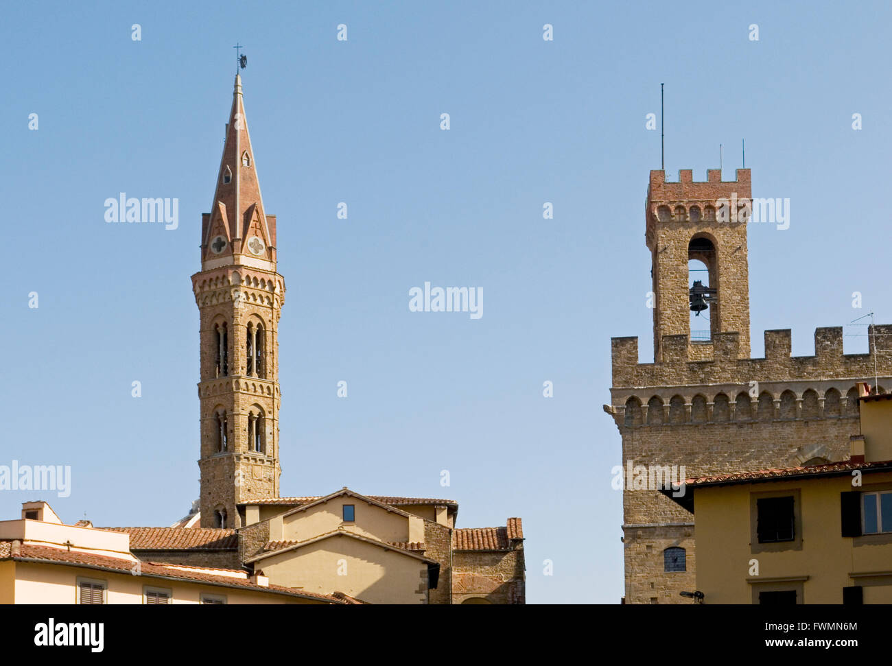 Badia Fiorentina Kirchturm und Bargello Palast Turm, Florenz, Italien Stockfoto