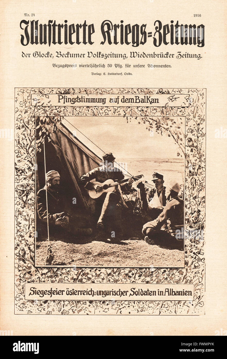 1916 Illustrierte Kriegs-Zeitung Österreich-ungarische Truppen entspannen sich auf dem Balkan Stockfoto