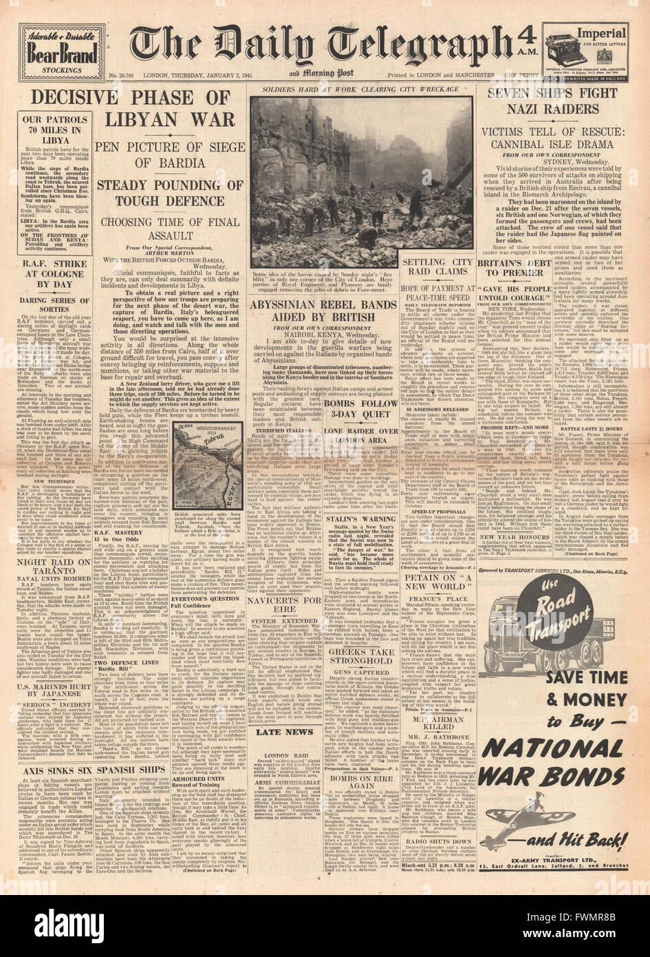 1941 Front Page Daily Telegraph entscheidende Phase der libyschen Krieg und die italienische Armee in Bardia Stockfoto