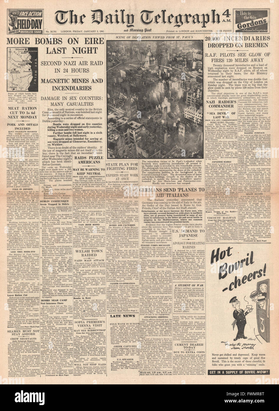 1941-Front page Daily Telegraph Deutsch Flugzeug Bombe Eire und RAF Bombe Bremen Stockfoto