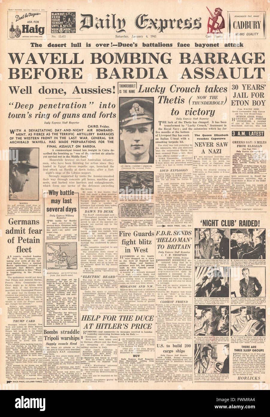 1941 Titelseite Daily Express General Wavell und Verbündeten bombardieren Bardia und HMS Thunderbolt Torpedo und Waschbecken italienische u-Boot Capitano Raffaele Tarantini Stockfoto