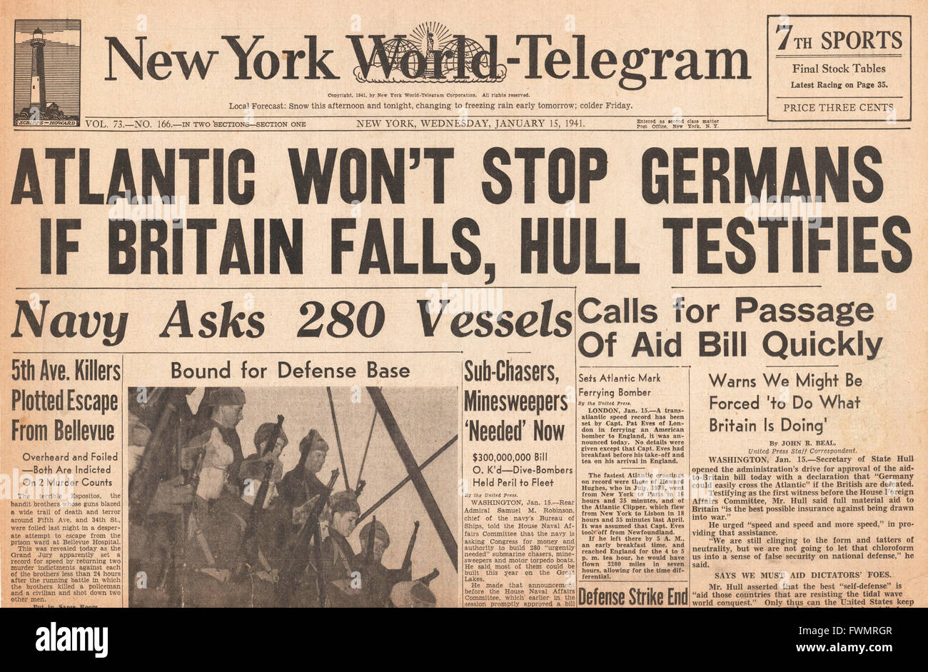 Titelseite 1941 New York Welt Telegramm Cordell Hull Anliegen der deutschen Invasion Großbritanniens fällt Stockfoto