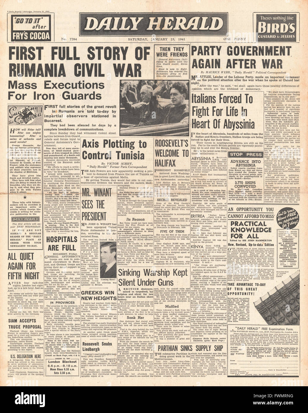 1941 Titelseite Daily Herald erste vollständige Geschichte der rumänischen Unruhen Stockfoto