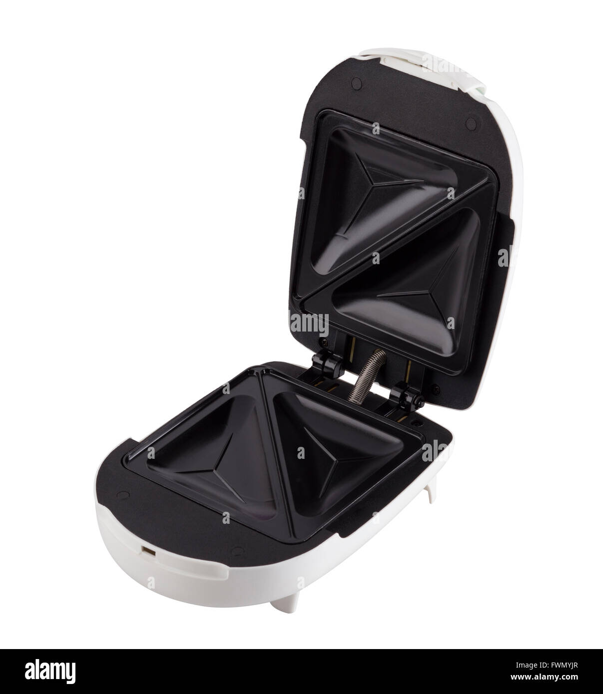 Eröffnete elektrische Sandwich Maker Maschine auf weißem Hintergrund Stockfoto