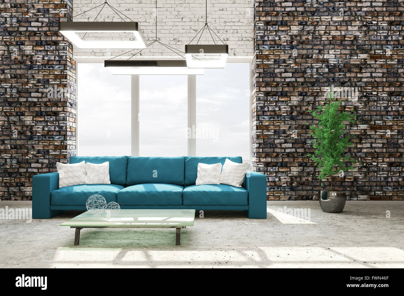 Modernes Interieur aus Wohnzimmer mit Mauer Betonboden cyan Sofa 3D-Rendering Stockfoto