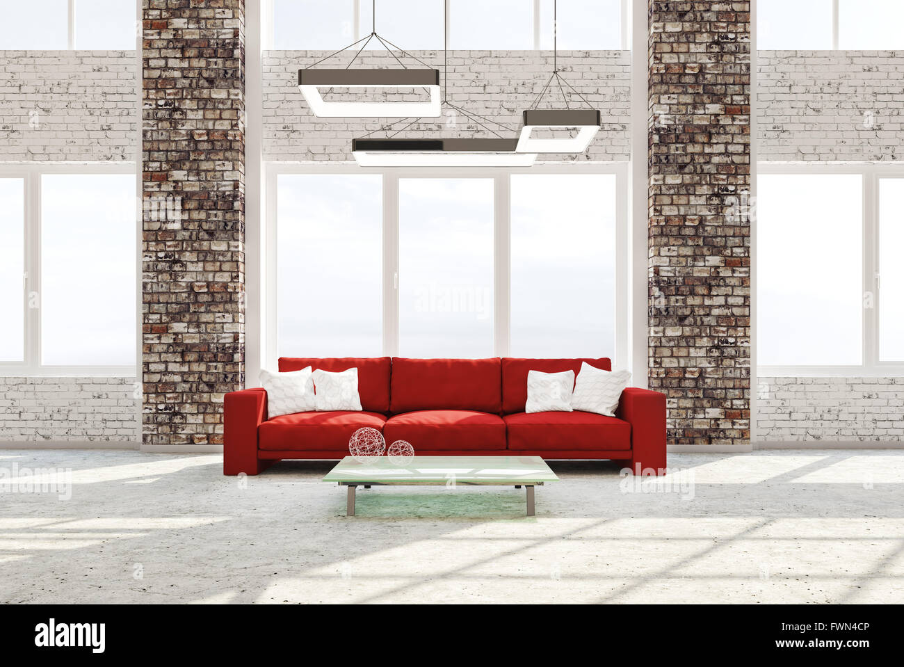 Modernes Interieur aus Wohnzimmer mit gemauerten Säulen Betonboden rotes Sofa gegen von Fenster 3D-Rendering Stockfoto