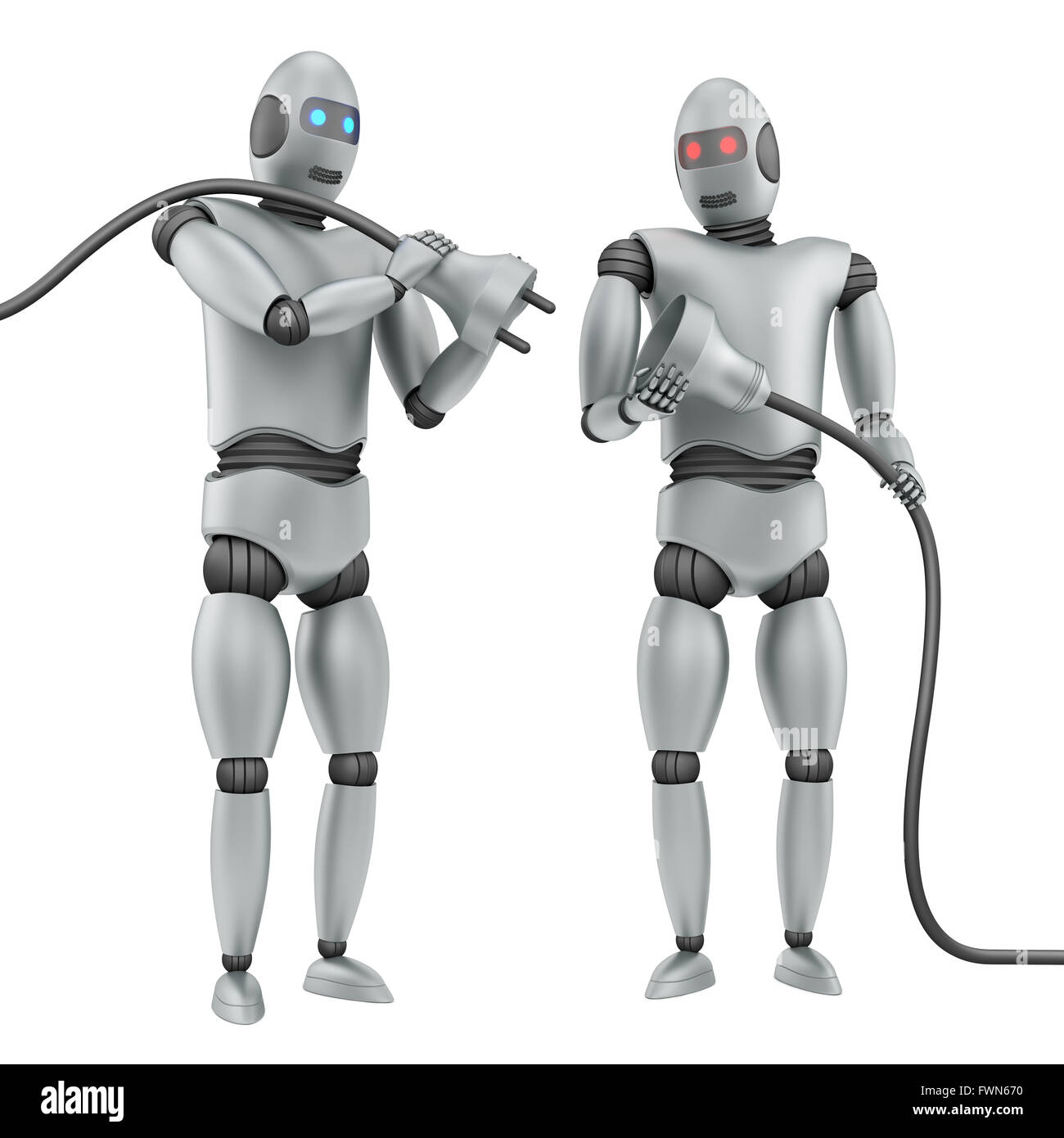Rendern von zwei Robotern, die Anschlussleitungen, isoliert auf weiss Stockfoto