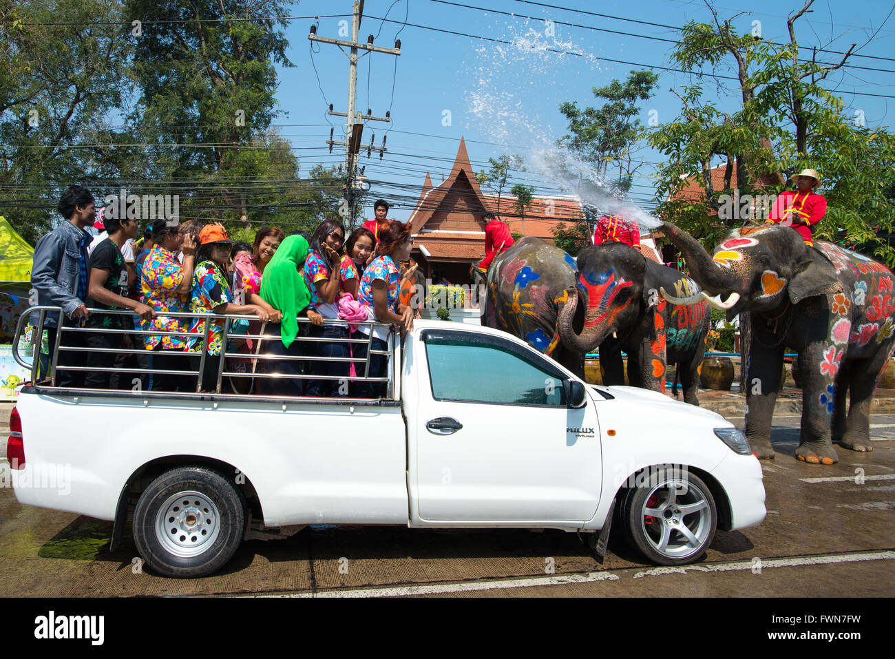 Nachtschwärmer genießen Wasser plantschen mit Elefanten während Songkran Festival am 14. April 2015 in Ayutthaya, Thailand. Stockfoto