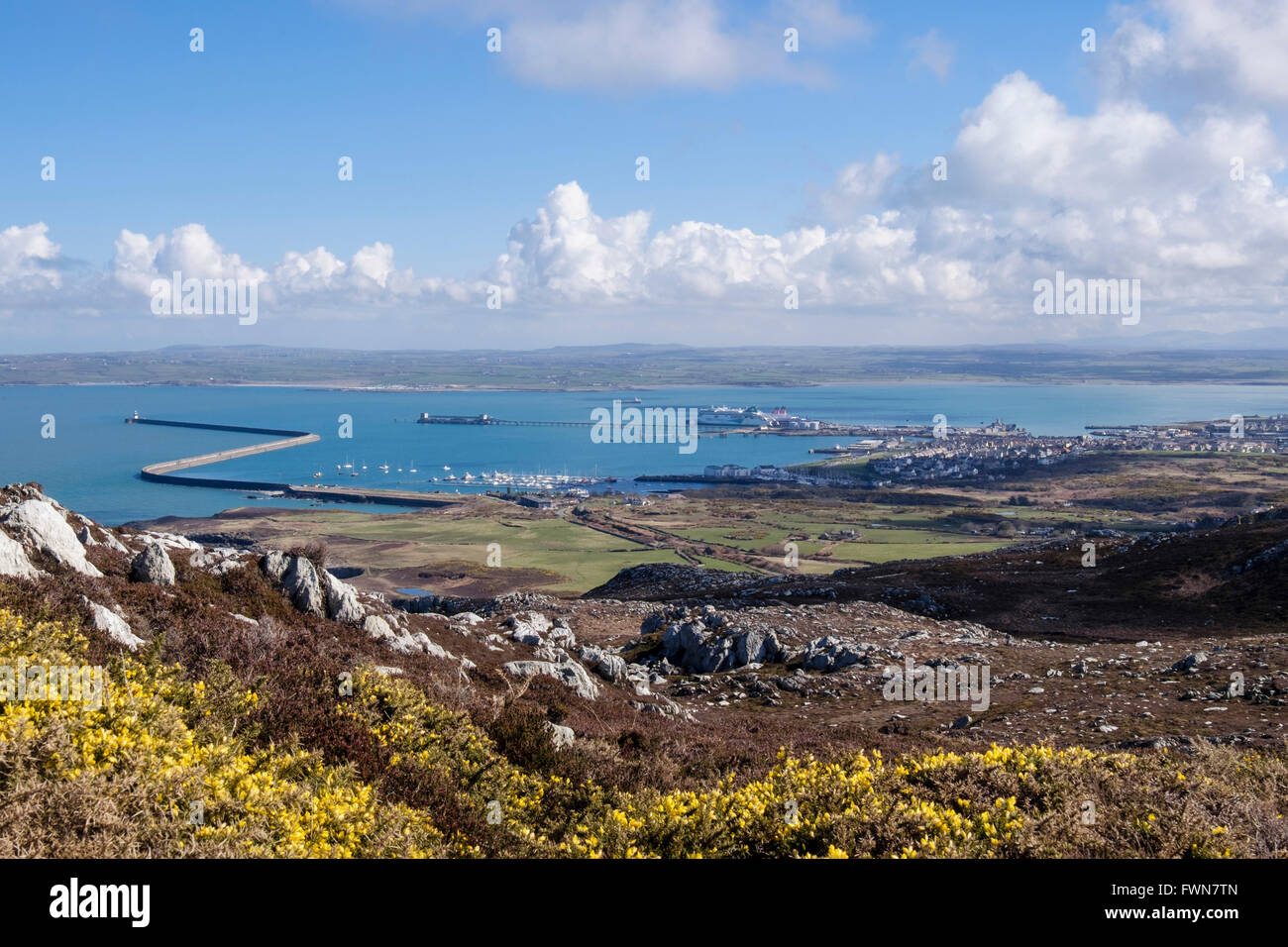 Holyhead Hafen und Stadt von Holyhead Mountain im Frühjahr gesehen. Holy Island, Isle of Anglesey (Ynys Mon), Wales, UK, Großbritannien Stockfoto