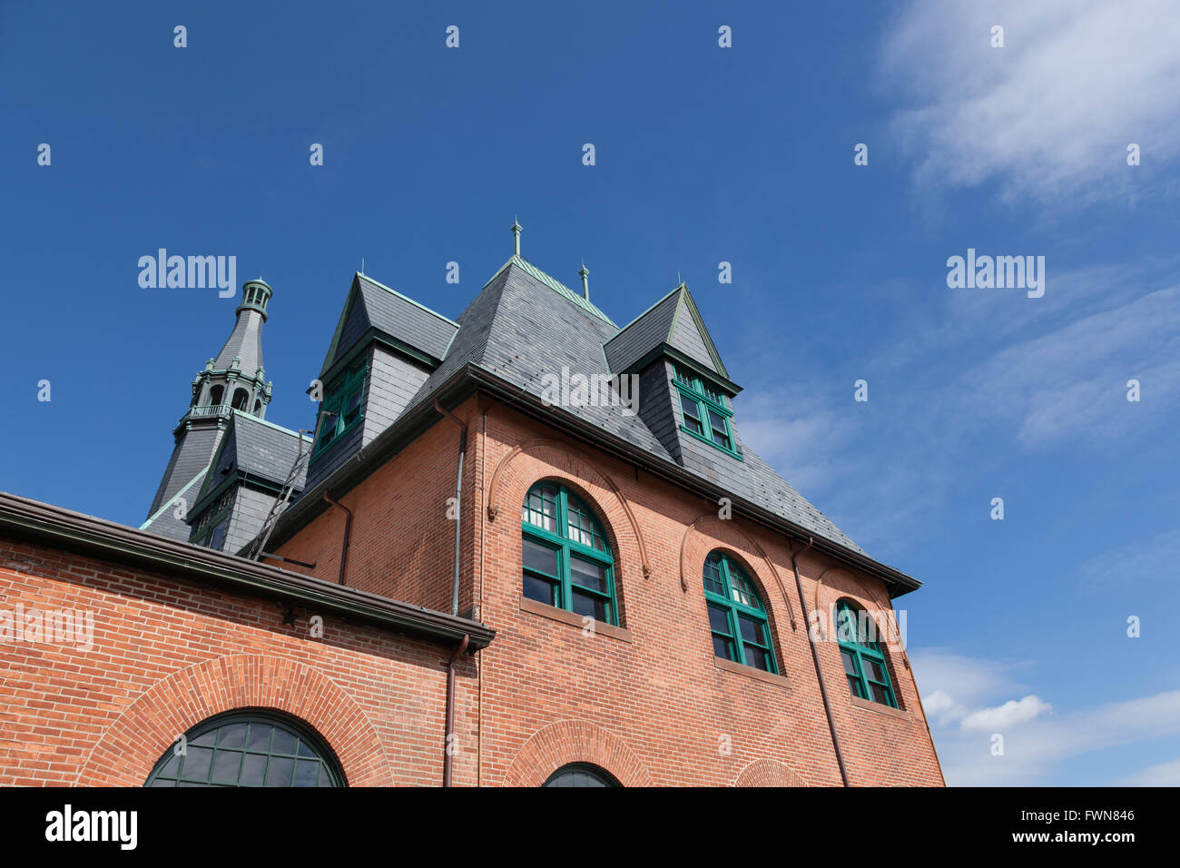 Ein Blick auf den Central New Jersey Railroad Terminal-Gebäude im Liberty State Park. Stockfoto