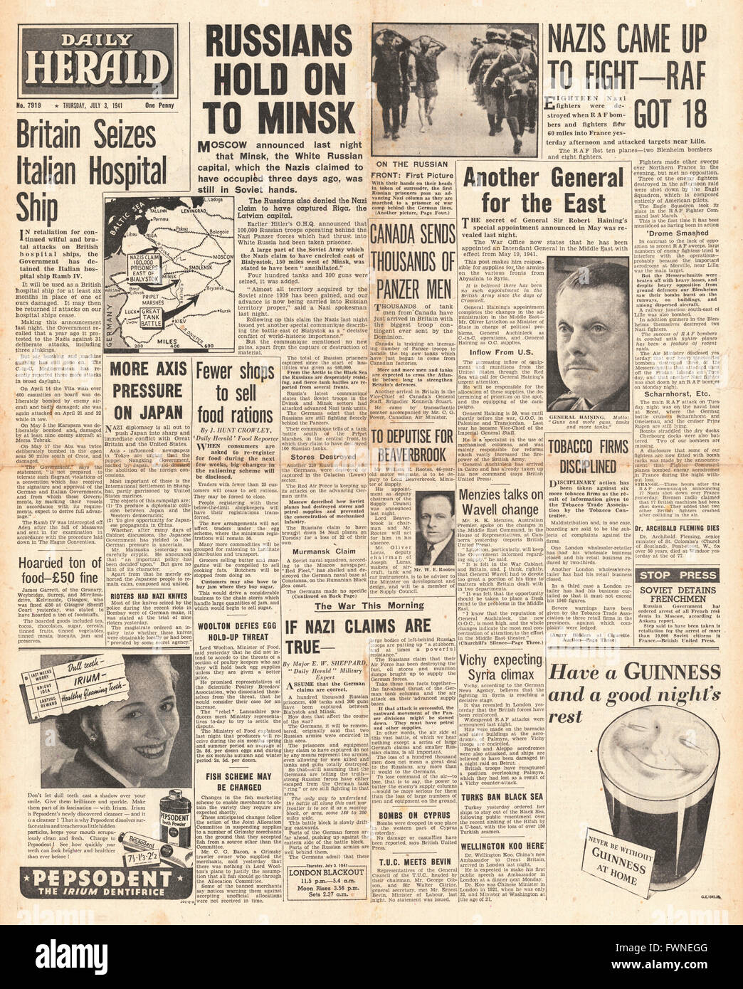 1941-Titelseite Daily Herald Kampf um Minsk Stockfoto