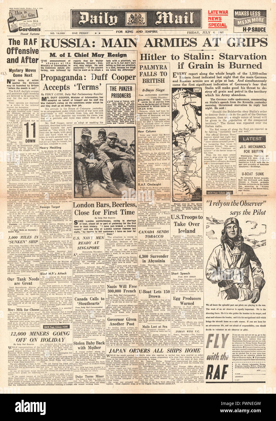 1941-Titelseite Daily Mail Schlacht für Russland und Palmyra fällt auf die britischen Streitkräfte Stockfoto