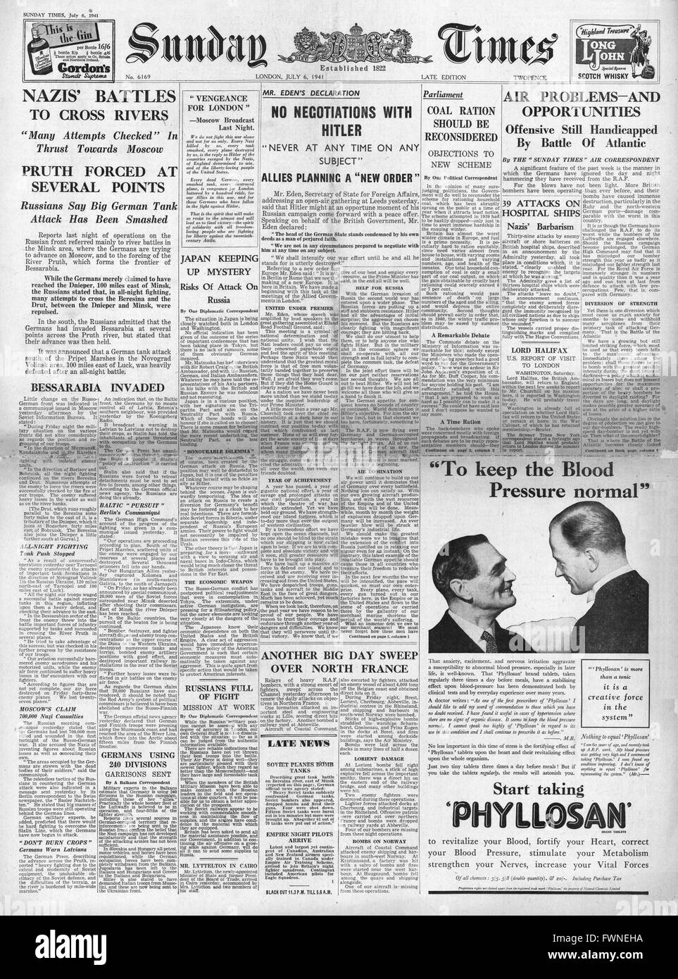 1941-Titelseite Sunday Times Schlacht für Russland und Anthony Eden sagt "Keine Verhandlungen mit Hitler" Stockfoto