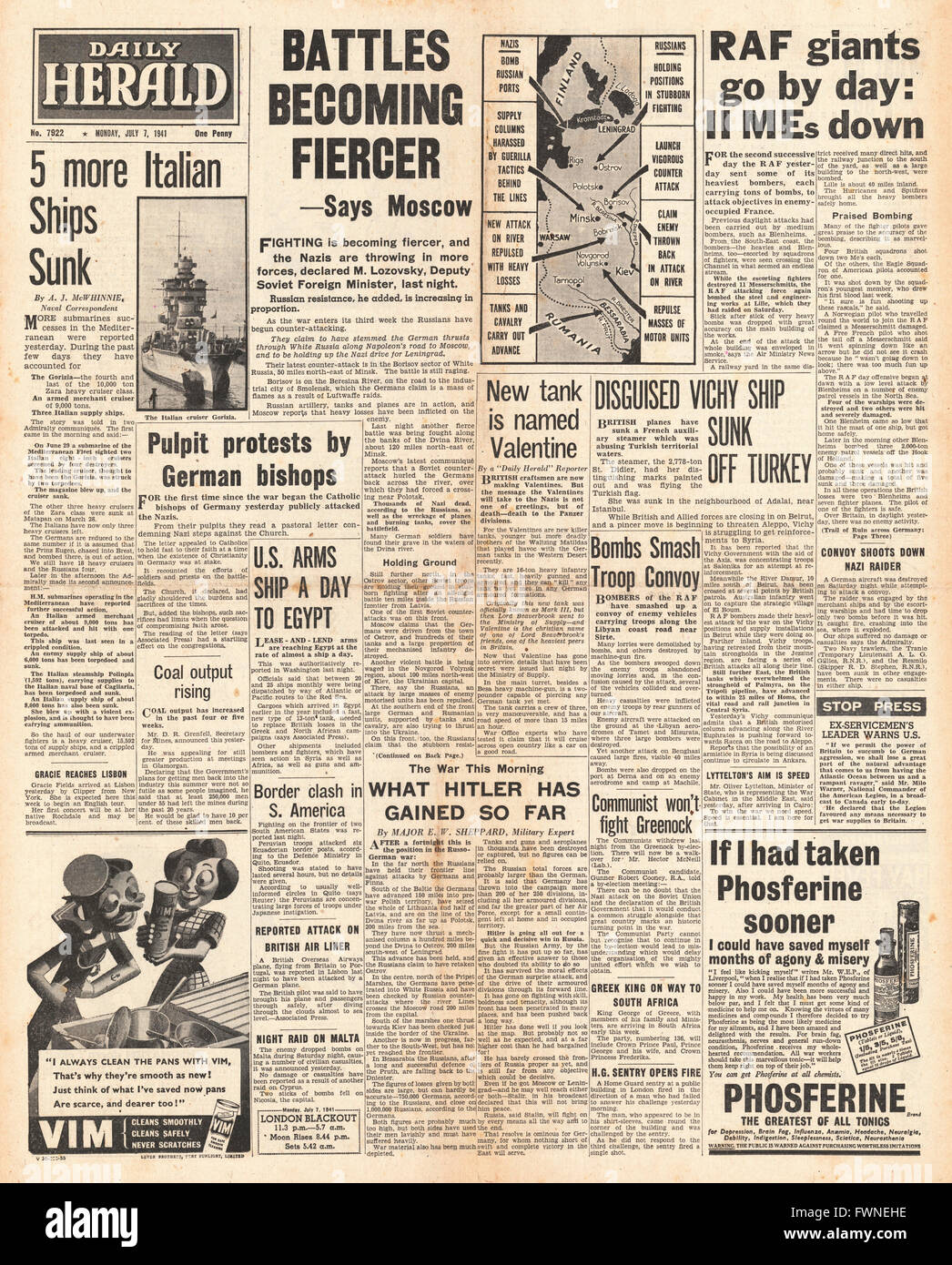 1941-Titelseite Daily Herald Schlacht für Russland und Luftschlachten über Frankreich Stockfoto