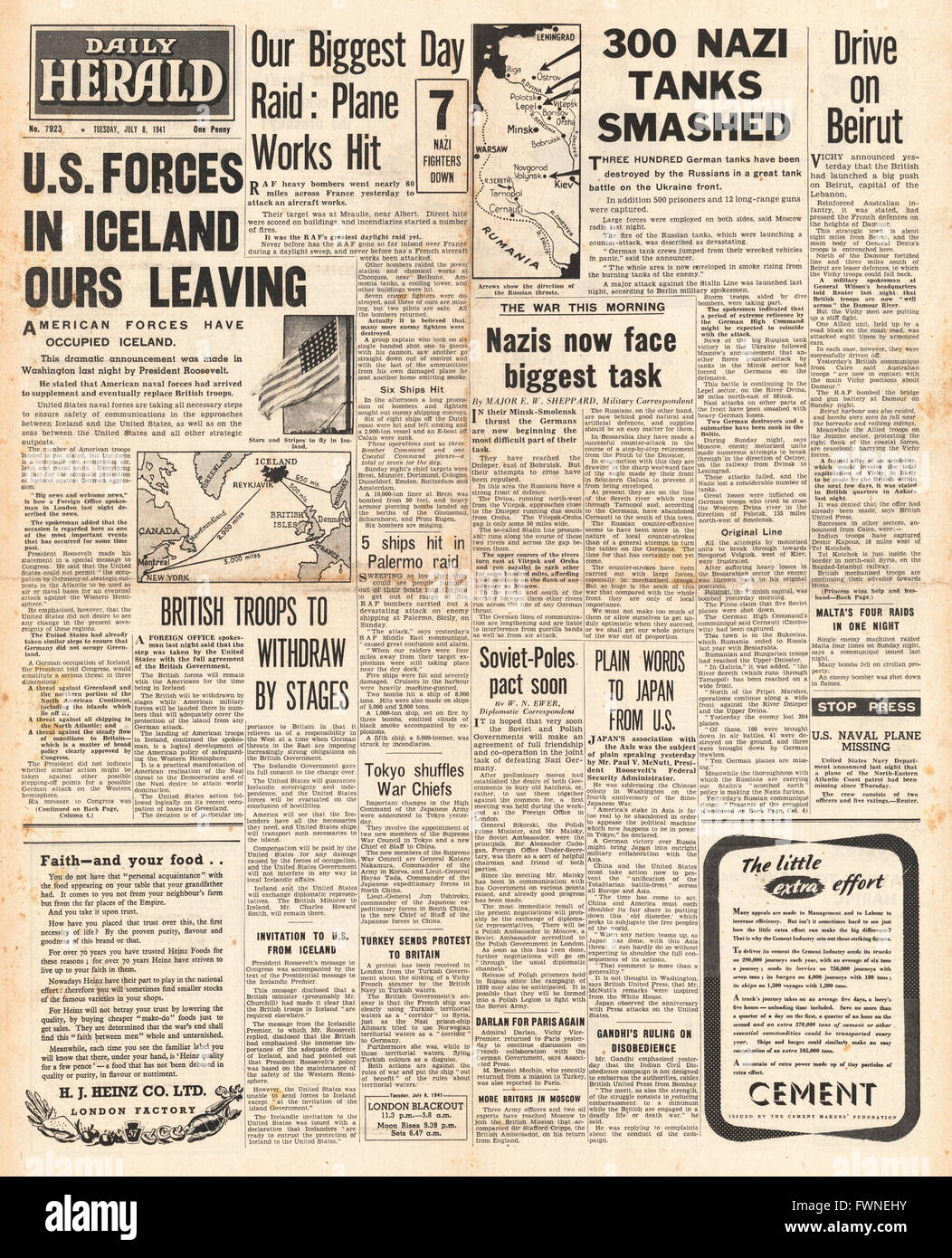 1941-Titelseite Daily Herald USA nimmt Island, Schlacht um Russland und RAF Überfällen über Frankreich Stockfoto