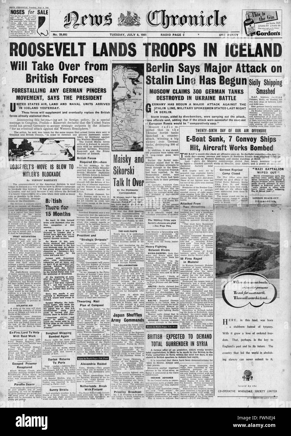 1941-Titelseite News Chronicle Vereinigten Staaten nimmt Island, Schlacht um Russland und RAF Überfällen über Frankreich Stockfoto