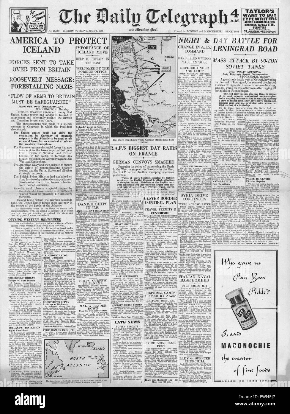 1941-Titelseite Daily Telegraph Vereinigten Staaten nimmt Island, Schlacht um Russland und RAF Überfällen über Frankreich Stockfoto