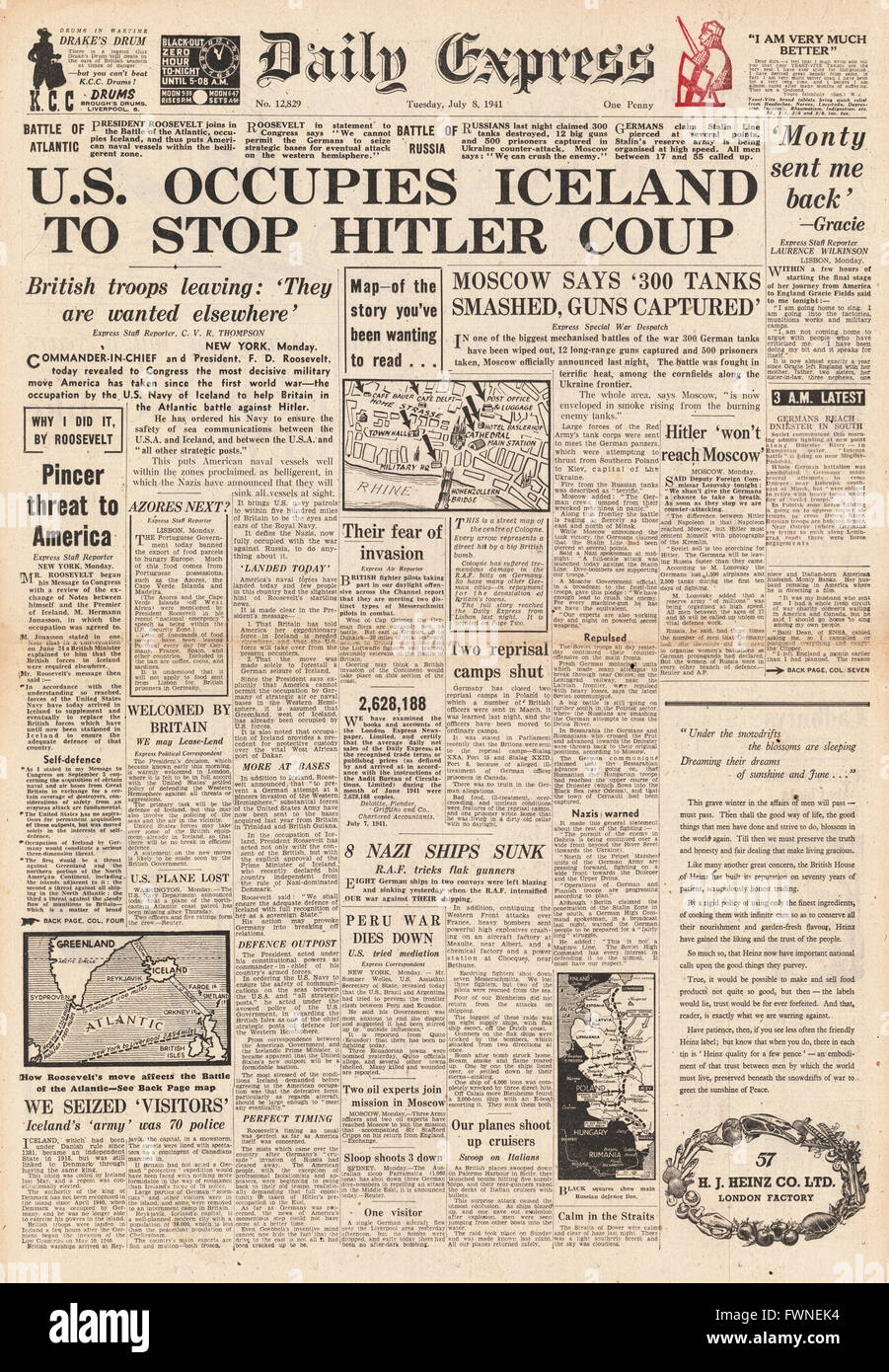1941-Titelseite Daily Express USA nimmt Island, Schlacht um Russland und RAF Überfällen über Frankreich Stockfoto