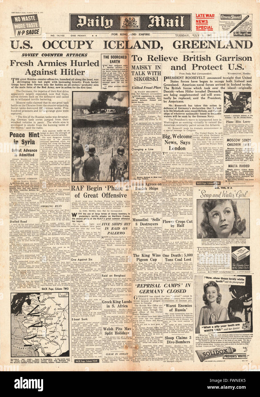 1941-Titelseite Daily Mail Vereinigten Staaten nimmt Island, Schlacht um Russland und RAF Überfällen über Frankreich Stockfoto