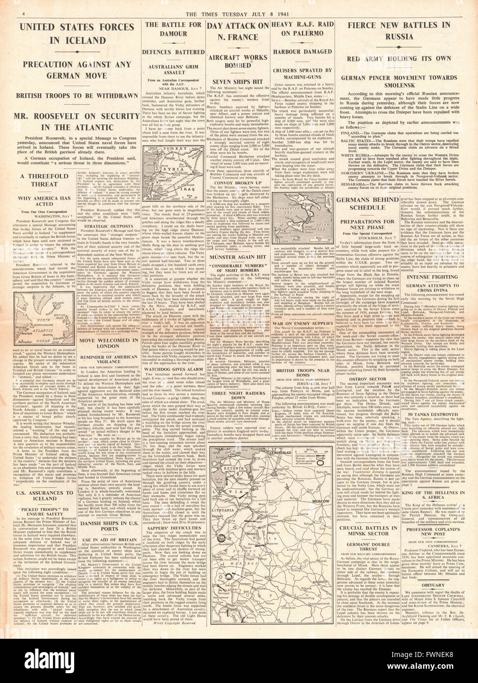 1941 Seite 4 The Times USA nimmt Island, Schlacht um Russland und RAF Überfällen über Frankreich Stockfoto