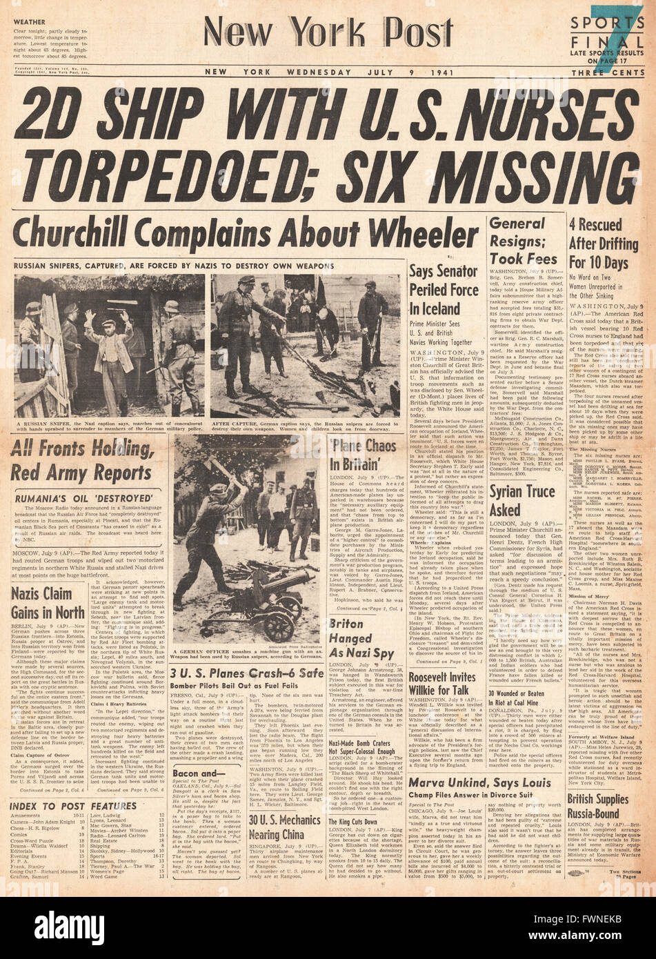 Titelseite 1941 New York Post britische Shoppingvergnügen versenkt im Atlantik Stockfoto
