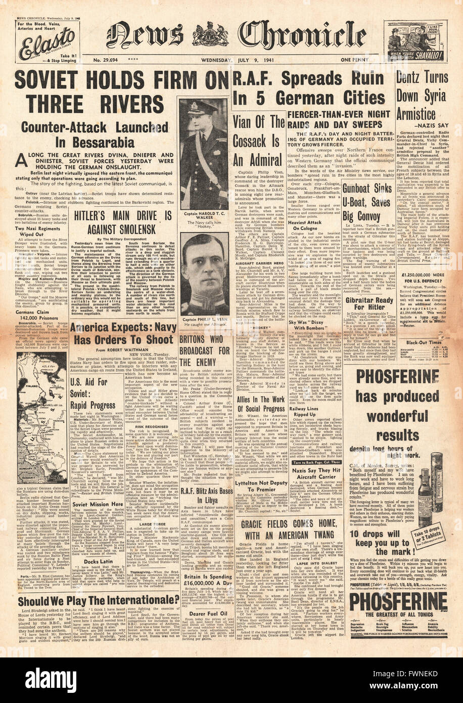 1941-Titelseite News Chronicle Schlacht für Russland und die RAF, die Bombenangriffe auf Deutschland und Nordfrankreich Stockfoto