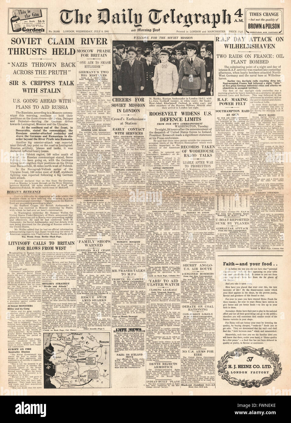 1941-Titelseite Daily Telegraph Schlacht für Russland und RAF Angriff auf Wilhelmshaven Stockfoto