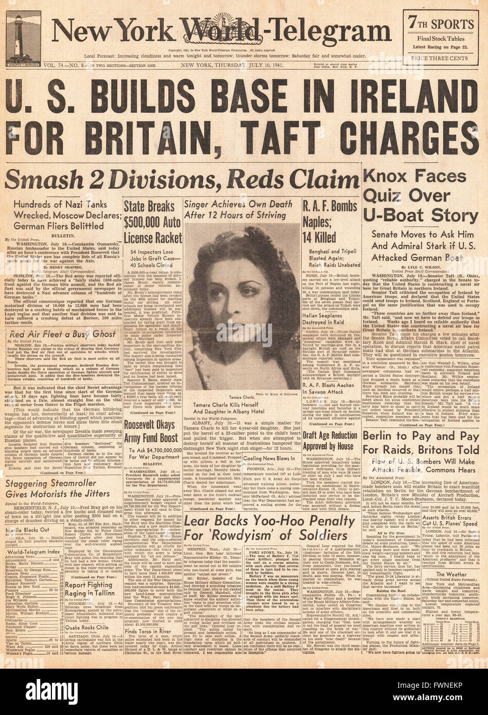 1941 Titelseite New York World Telegram U.S. Builds Base in Nordirland Stockfoto